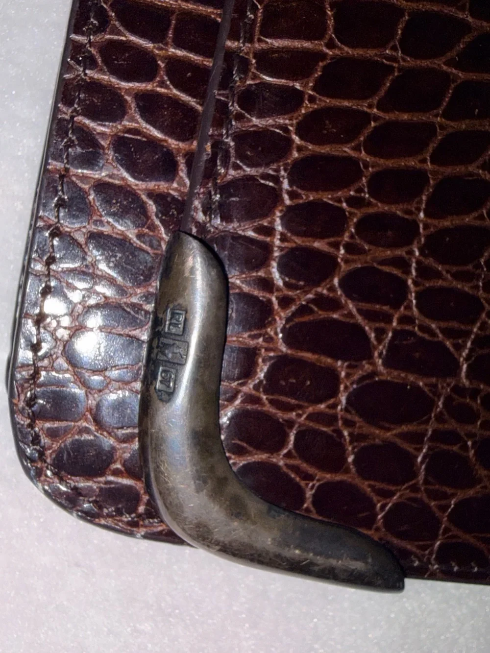 RALPH LAUREN BROWN ALLIGATOR PRINT Ltr .925 STERLING SILVER HARDWARE HANDBAG
